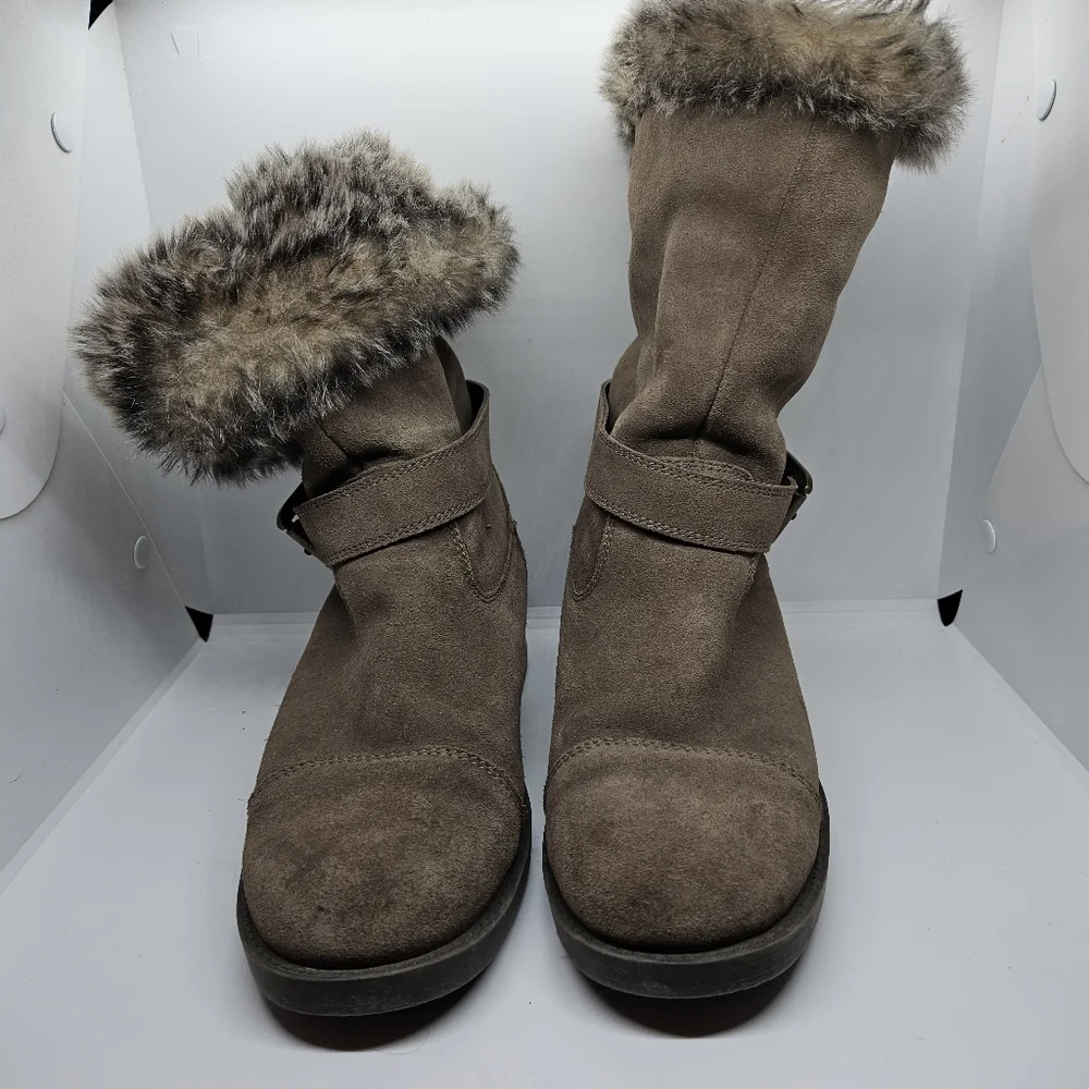 Cougar tan taupe suede faux fur lined foldover Franca boots side buckle detail 9